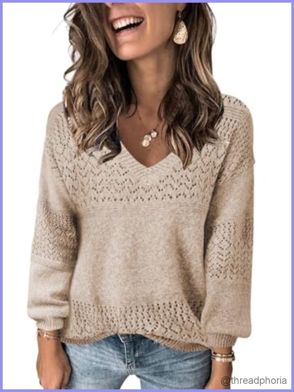 Women's V-Neck Long Sleeve Crochet Hollow Knit Pullover Sweater Lightweight